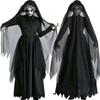 Women Halloween Witch Demon Vampire Uniform Set Black Long Dress Hooded Cape Cloak with Gloves Party Cosplay Costume