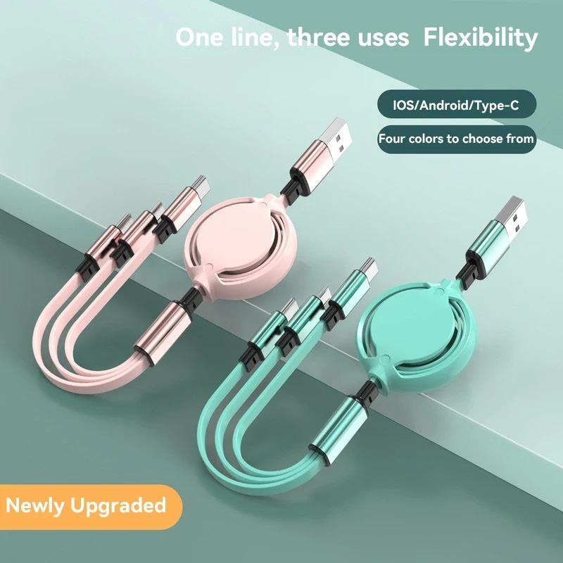 2025 New 3 In1 Data Cable Fast USB Cable For Huawei Honor Retractable Portable Micro USB Type C Charger Cable For IOS Samsung