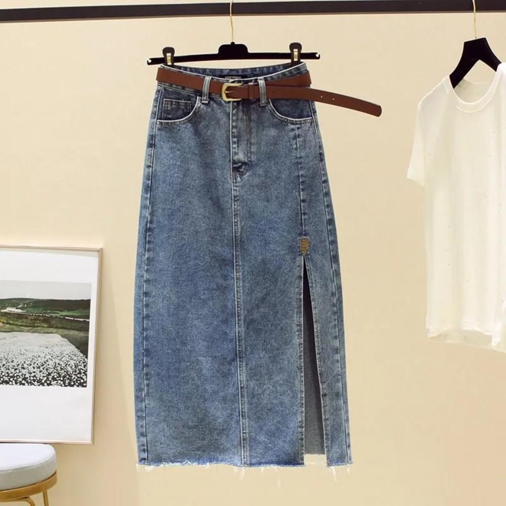 Ретро Джинсовая Юбка Миди с Разрезом Летняя Облегающая Юбка с Завышенной Талией А-силуэта Вышитая Юбка Для Похудения