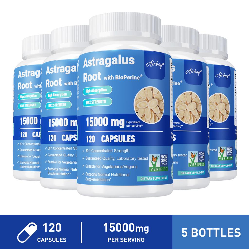 Astragalus capsules, 15,000 mg per serving, contain black pepper extract, suitable for both men and women.