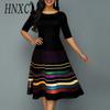 Женская мода лето весна полосатый принт с коротким рукавом и круглым вырезом с высокой талией повседневные платья