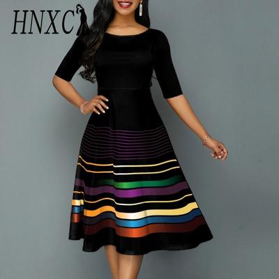 Женская мода лето весна полосатый принт с коротким рукавом и круглым вырезом с высокой талией повседневные платья