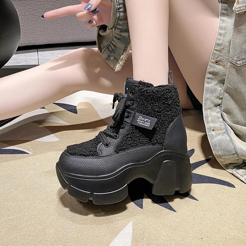 Ботинки на шнуровке с толстой подошвой и высоким каблуком из плюша и хлопка для женщин, зимние теплые, удобные, модные, увеличивающие рост, спортивная обувь