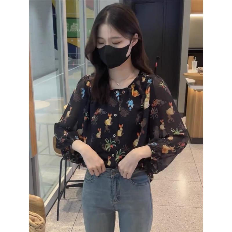 Spring New Korean Style Round Neck Puff Sleeve Printed Shirt for Women Loose and Versatile Long-sleeved Shirt