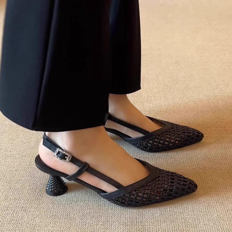 Fashion Women Sandals Temperament Pointed Toe Woven Hollow Shoes Breathable Rear Empty High Heels Sandals Baotou One-word Strap Sandals
