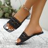 Sexy Knitted Lace Strap Breathable Slides Square Toe Flat Heel Slip On Sandals Women Summer Light Weight Beach Slippers