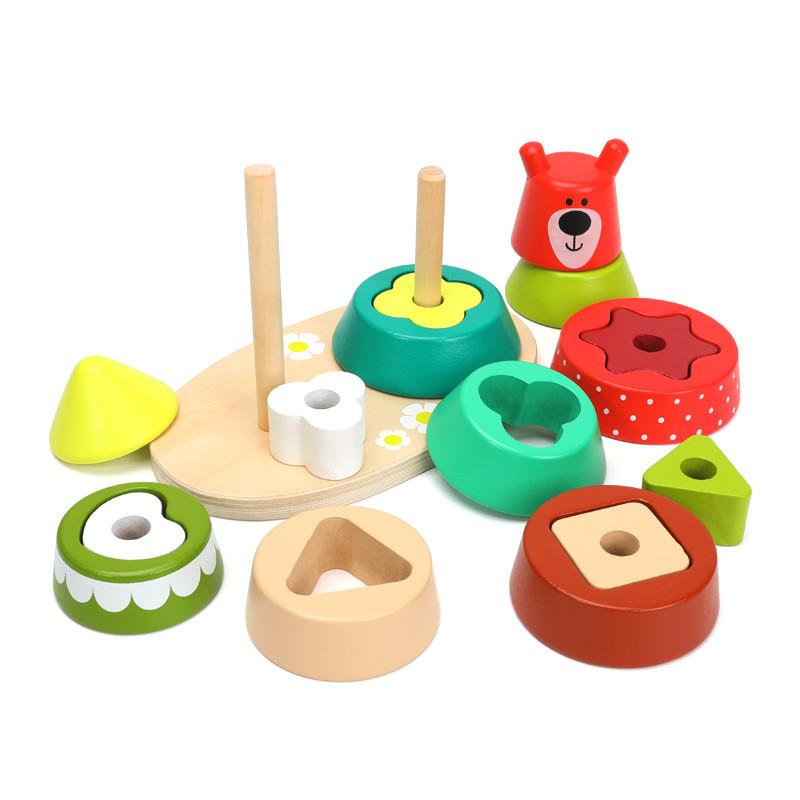 Montessori Wooden Toys for Baby Forest Bear Double Tower Stacking Games Toddlers Shape Color Cognition Fine Movement Puzzle Toy
