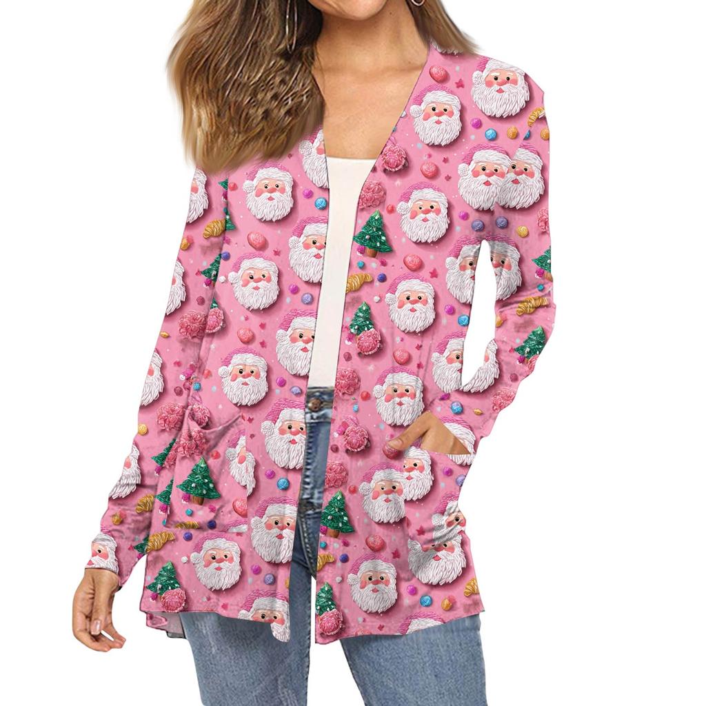 Женский модный кардиган-пальто с длинным рукавом, карманами, приталенного силуэта и рождественским принтом