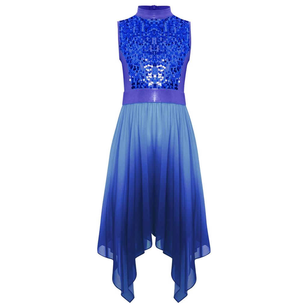 Girls Worship Dance Dress Mock Neck Sleeveless Asymmetrical Hem Shiny Sequins Bodice Liturgical Costume