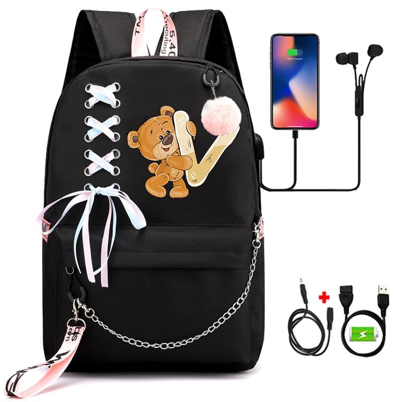 Рюкзак с принтом «Маленький медведь», 26 английских букв, детский рюкзак для школы для мальчиков и девочек, сумка для книг с героями мультфильмов, кавайная школьная сумка для школьников