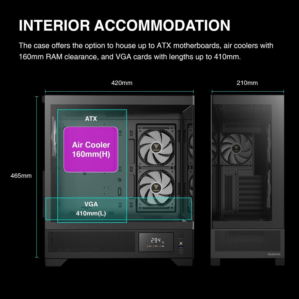 Совместимость с приложением GAMDIAS Gaming PC Case Display Изготовлен из закаленного стекла ATX Вентилятор 3x120 мм ARGB PWM Поддержка видеокарт до RTX 4000 410 мм Поддержка видеокарт до 360 мм