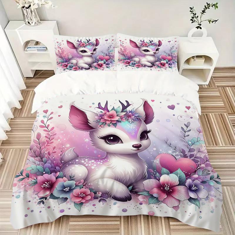 3pcs Beautiful Little Deer Bedding Set, Including 1 Quilt Cover and 2 Pillow Shams, Without Filling, Soft and Comfortable Home Bedroom Fabri