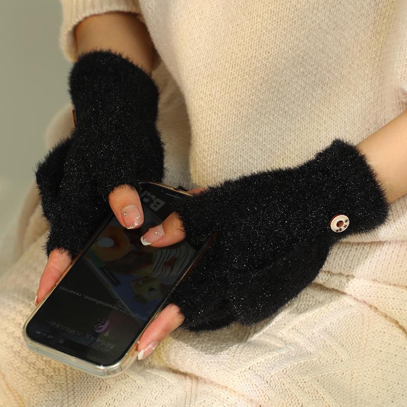 Женские плюшевые перчатки без пальцев Flip: Толстый, теплый, непромокаемый зимний стиль