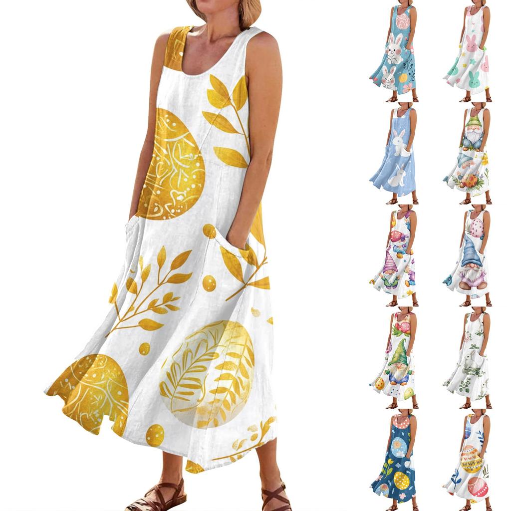 Women's Summer Casual Fashion Easter Printed Sleeveless Round Neck Pocket Dress