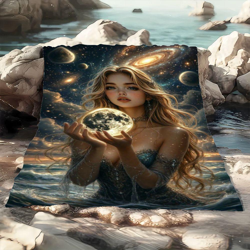 Enchanting Oceanic Fantasy Blanket - Soft Fluffy Throw Featuring a Mystic Blonde Woman Holding a Glowing Moon, Draped in a Dark