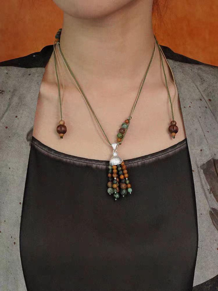 SWAH Vintage Nomadic Style Fruit Tassel Wood Bead Long Necklace with Ear Hook