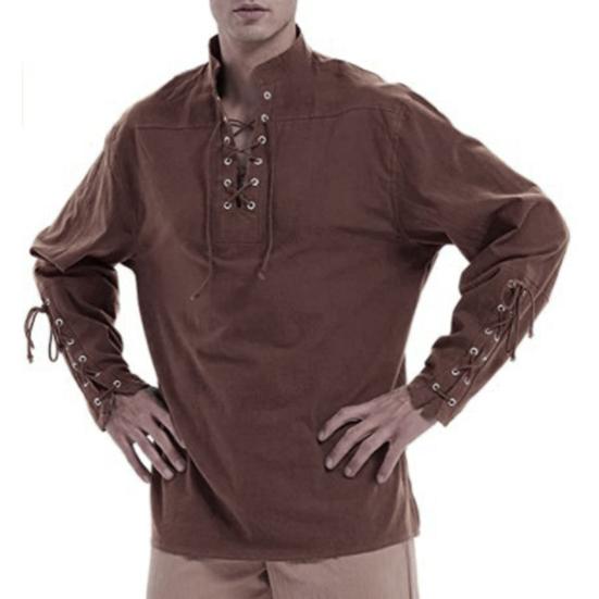 Men Speing Top Stand Collar Lace-up V Neck Long Sleeve Solid Color Gothic Punk Pirate Style Loose Pullover Soft Breathable Men Mid Length Shirt