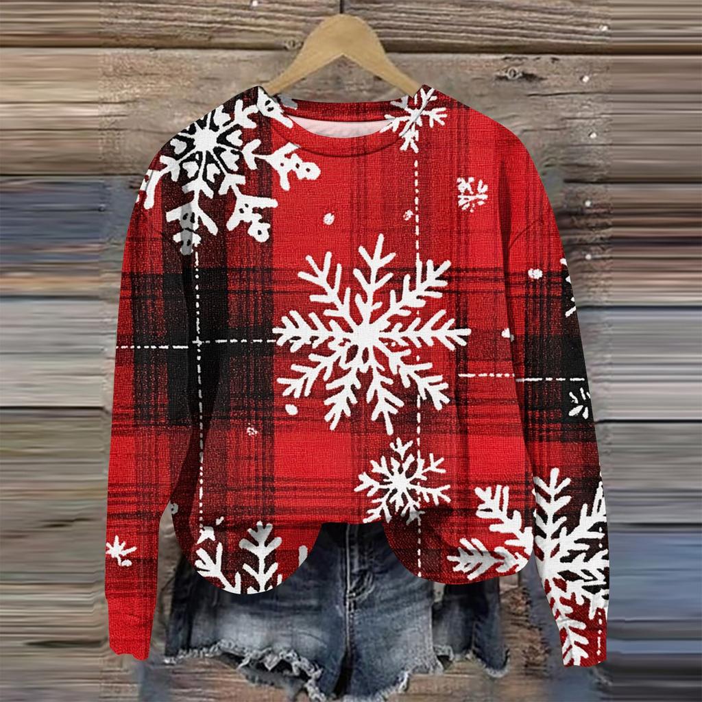 Женская мода круглый вырез пуловер длинный рукав футболка рождественский принт топ
