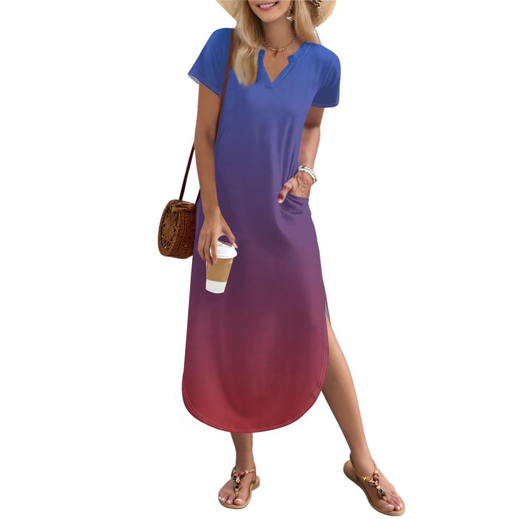 Women's Long Skirt Casual V-neck Long Shirt Dress Loose Slit Holiday Short Sleeve Dress