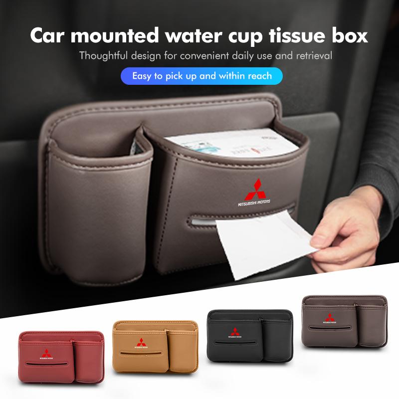 cxumpj1 Car Logo Seat Slot Leather Storage Tissue Box Holder Auto Decorative Accessories For Mitsubishi Outlander Lancer Cross Colt