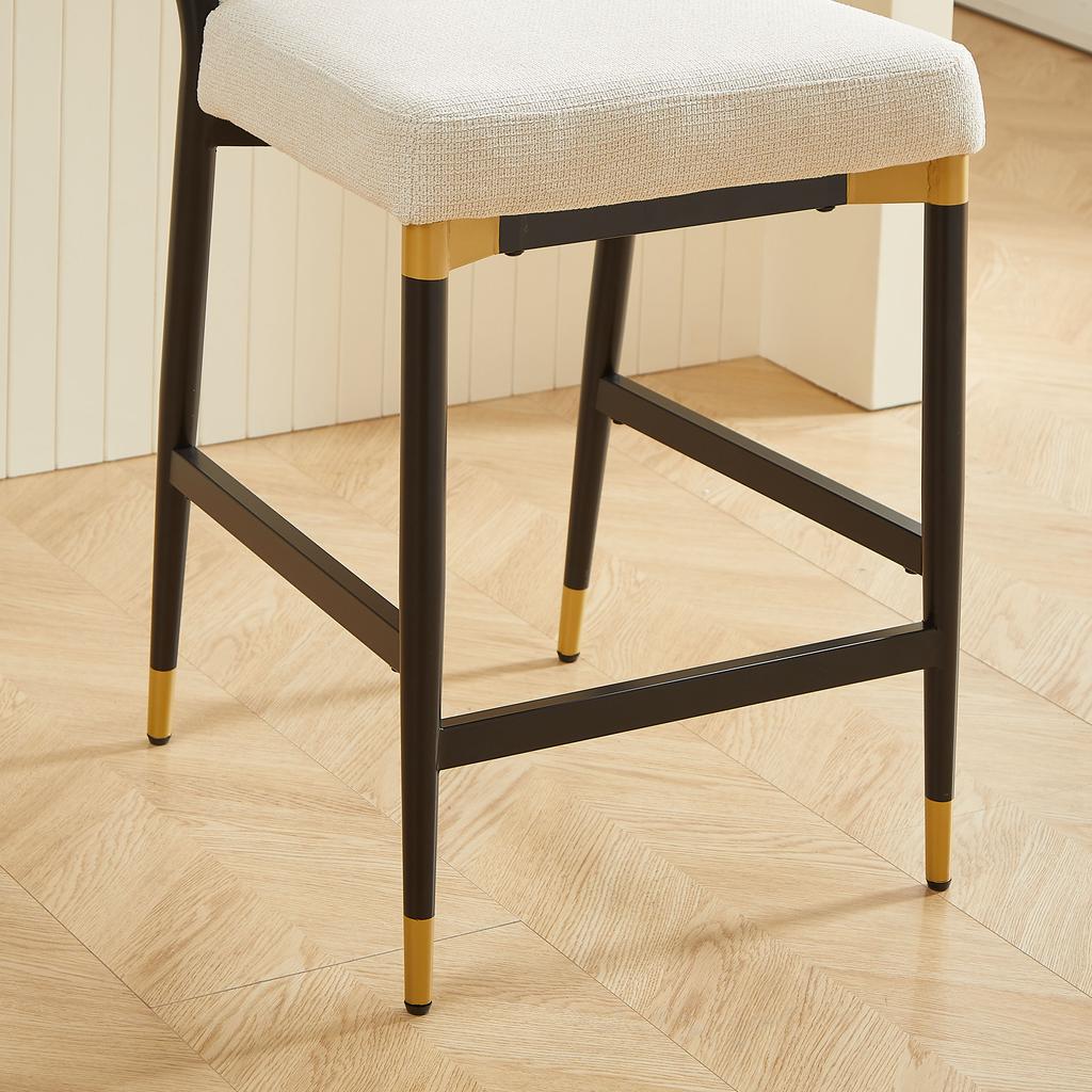 Set of 2 Bar Stools, Scandinavian Style with Rectangular Footrest, Black-Gold Accent Frame and Cream-Colored Fabric Cushion for Kitchen Island/Bar