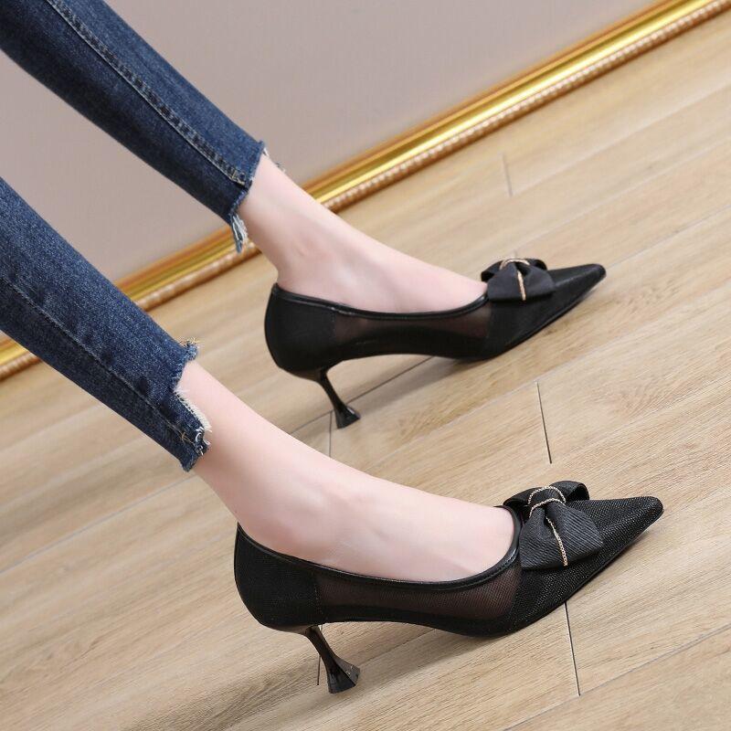 Туфли для стриптизерши с бантом на тонком каблуке женские туфли-лодочки с острым носком стильная модная обувь шикарное и элегантное платье в корейском стиле L