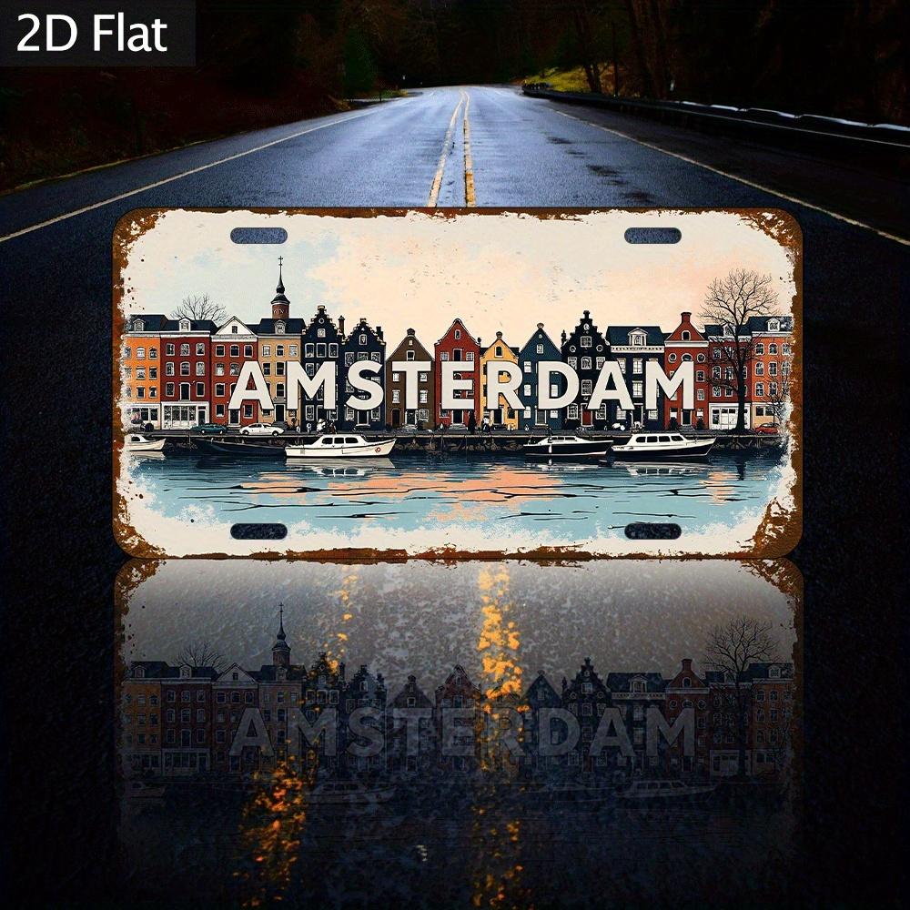 Vintage Amsterdam Canal Historic Houses License Plate D Flat Aluminum Tin Sign Wall Art Decor for Garage Bar Man Cave and Car