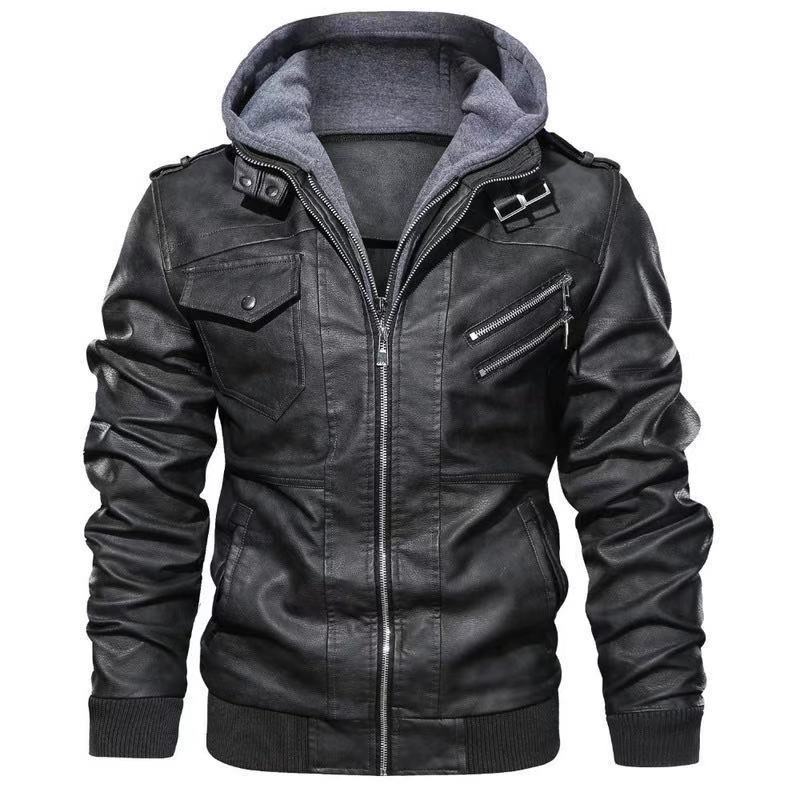 Spring and Autumn Men's Jacket Pu Hooded Jacket Men's Youth Leather Jacket Fake Two-piece Jacket