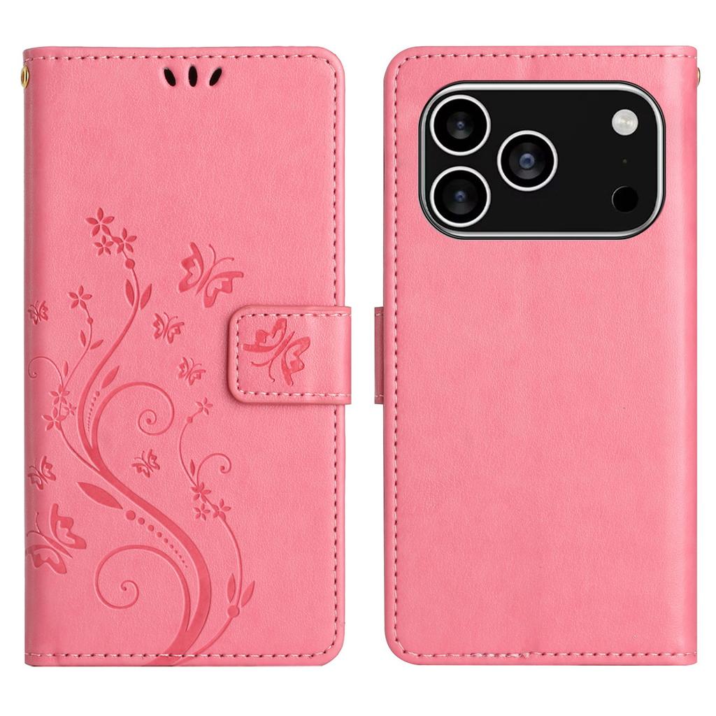 For iPhone 17 Pro Leather Wallet Case Butterfly Flower Imprinted Phone Cover with Strap