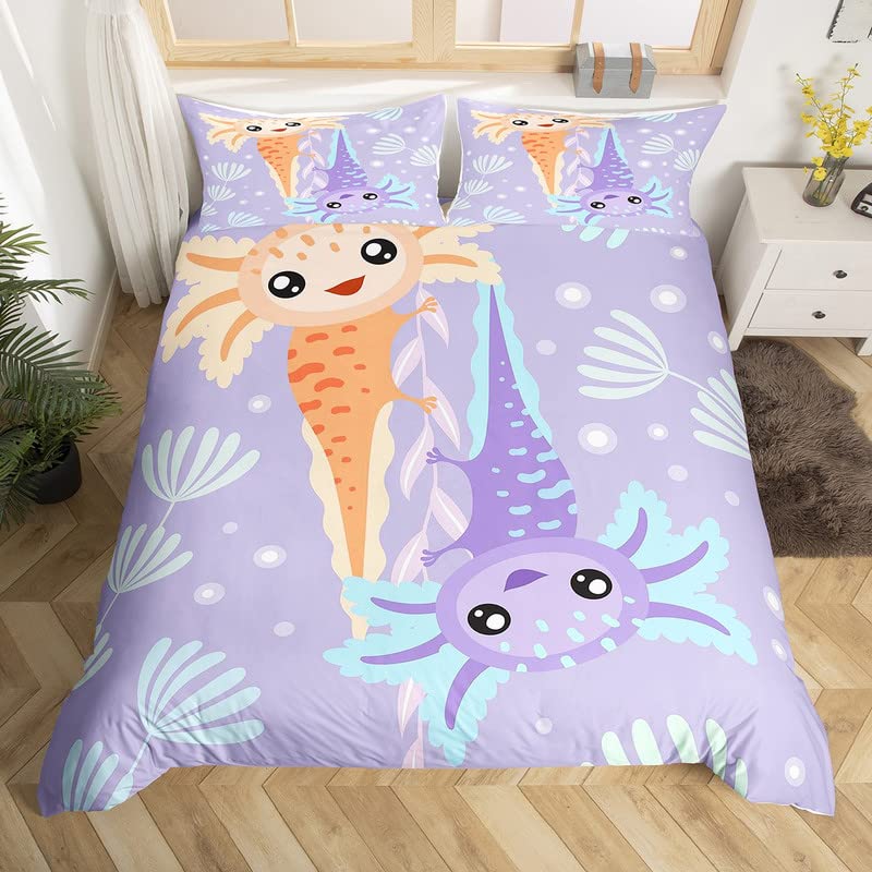 Мультяшный аксолотль Комплект пододеяльника King/Queen Size Детский Для девочек Мальчиков Милый Радужный Морская дикая природа Животное Рептилия Комплект постельного белья