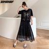 Plus Size Dress Women 2023 New Pattern Lace Bow Summer Style Short Sleeve Cotton Patchwork Oversize O-Neck Loose Patchwork Basic Dresses