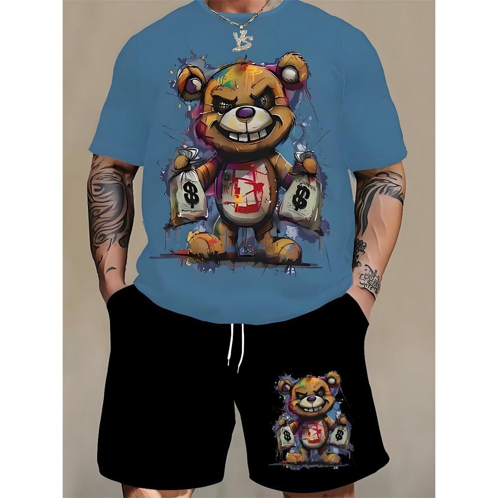 Summer Everyday Casual Men's Short Sleeve Shorts Set Colorful Bear Print Men's T-shirt And Colorful Graffiti Print Shorts Set