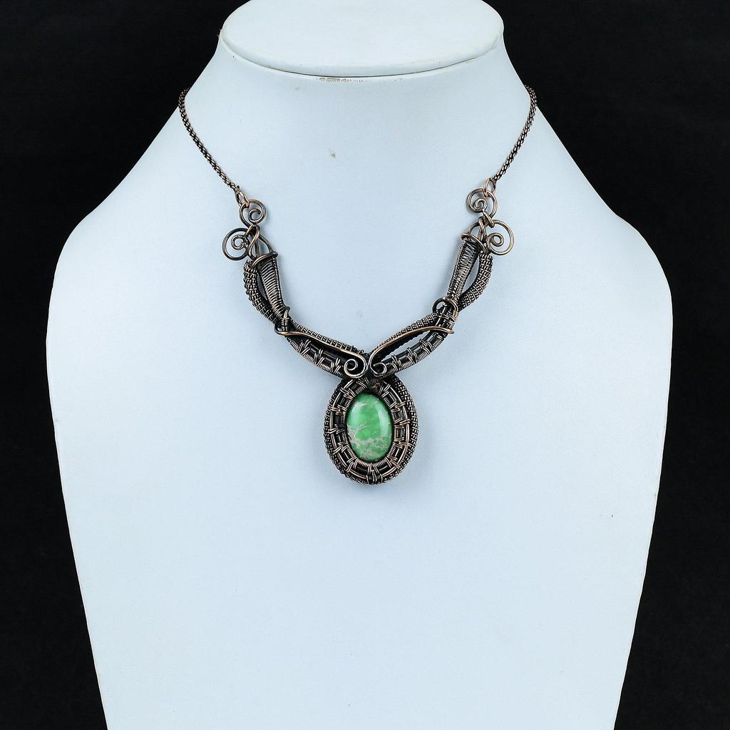 Ожерелье из варисцита, обернутое медной проволокой, ожерелье из натуральных драгоценных камней, уникальное ожерелье ручной работы, медные украшения из варисцита, подарки на годовщину