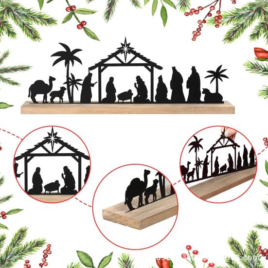 Рождественский вертеп, силуэт, настольная табличка с деревянной основой, черный металл, рождение Иисуса, украшение для рабочего стола для дома и офиса, рождественское украшение для вечеринки