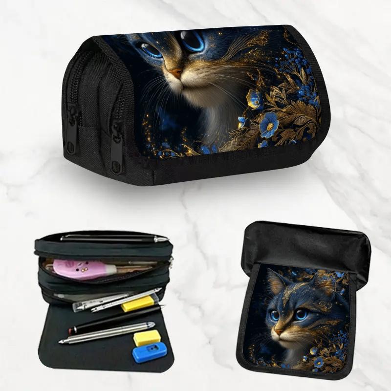 Single Piece Cat-Themed Double-Layer Pencil Case with a Large Capacity And Zipper Closure, Perfect for School, Work, And Travel. A Great Gift for Birt