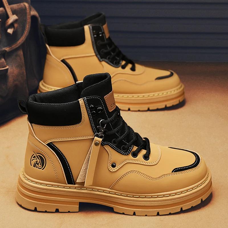 2024 Winter Men Boots Casual Shoes Leather Outdoor Platform Walking Fashion Luxury Designer Work High Top Ankle Sneakers Cowboy