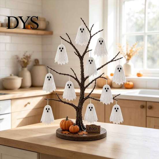 Indoor Halloween Party Props Glowing Ghost Tree Tabletop Decor, LED Lighted with Kid Friendly Ornaments Hanging for Home, Fireplace Mantel,