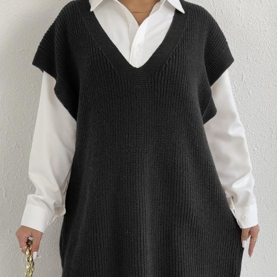 Женский свитер-жилет с V-образным вырезом, без рукавов, однотонный, вязаный, свободного кроя, с боковыми разрезами, повседневный свитер-жилет