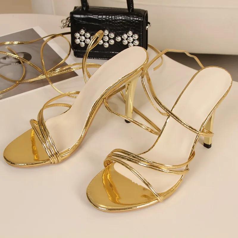 Мода Мода Ремешок на щиколотке Перекрестный ремешок Повседневные Простые Женские Туфли 2025 Лето Сексуальные Босоножки на высоком каблуке с открытым носком Женская обувь