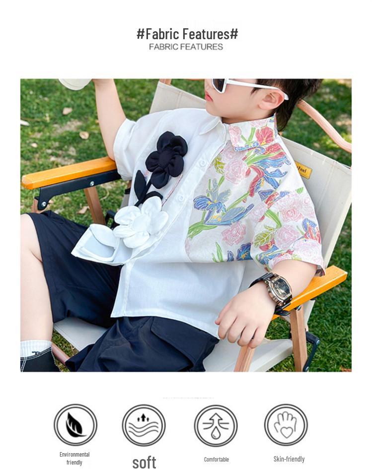 Boys' 2026 Summer Fashion: 3D Flower Print Short Sleeve Shirt & Shorts Set