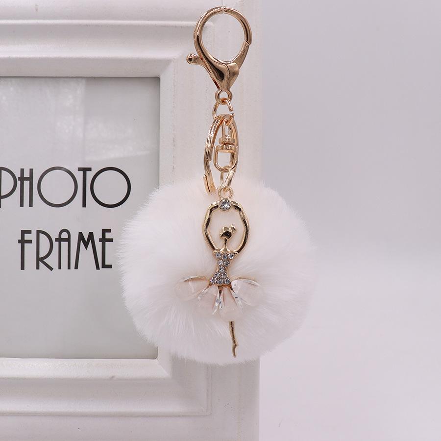 Ballet Dancing Girl Keyring Cute Fluffy Pompom Rhinestone Car Handbag Motorcycle Pendant Accessorie Keychain Retail Wholesale
