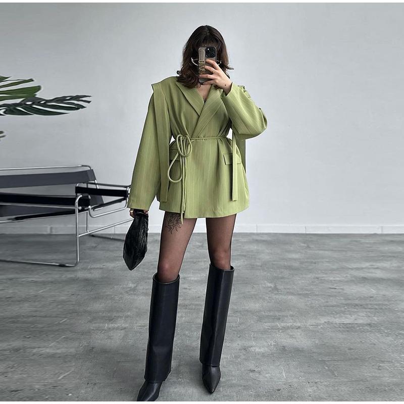 Модный полосатый пиджак с лацканами для женщин, элегантный свободный пиджак с поясом, женская весенняя универсальная шикарная уличная одежда