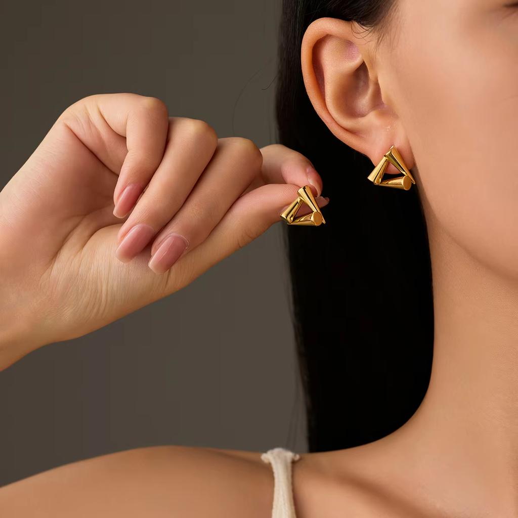 Gold Plated Titanium Steel Combined Triangular and Conical Earrings Minimalist Geometric Unique Style Fashion Jewelry for Women