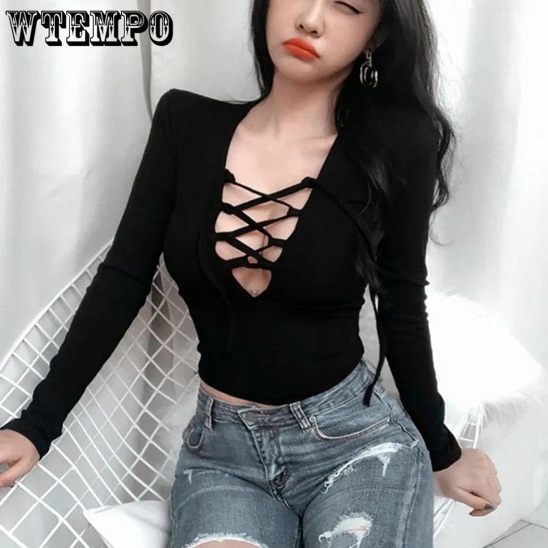 Women V-neck Bandage Hollow Out Slim Tops Long Sleeve Solid Short T-Shirts Spring Summer Bottoming Shirts Streetwear
