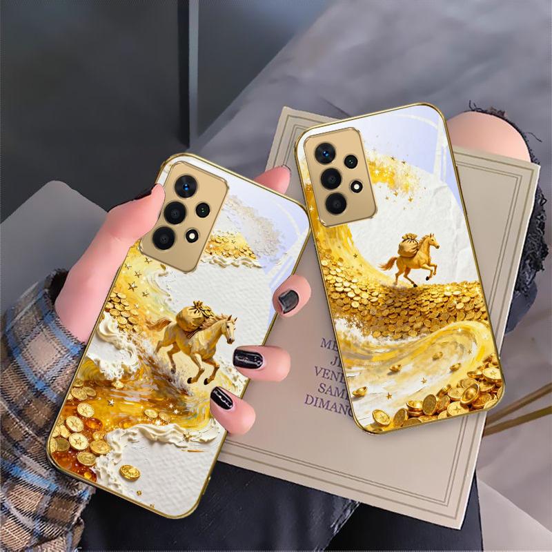 Золотая скачущая лошадь Для Samsung A 01 52S A04 A05S A10 A12 A13 22 23 24 36 42 M02 Note 10 20Ultra 8 9 Золотой стеклянный чехол для телефона