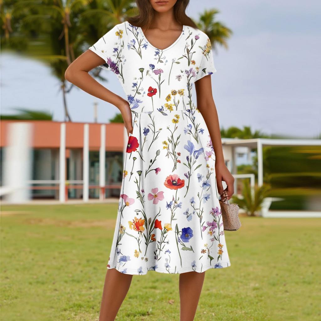 Ladies Summer Fashion Casual Floral Print V-Neck Short Sleeve Pocket Dress