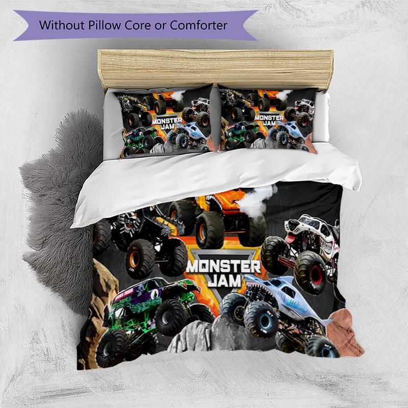3pcs Monster Jam pattern bedding set duvet cover set includes duvet cover &pillowcases, perfect all season bedroom decoration & gift