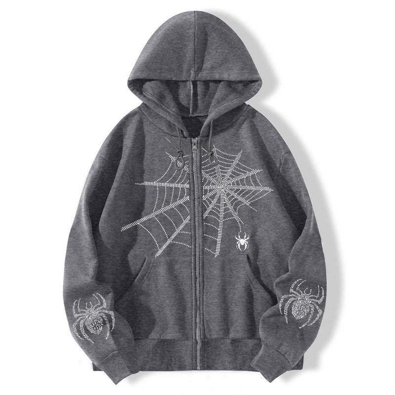 Mens Oversized Hooded Zip-Up Sweatshirt With Spider Print Retro American Style Loose Fit Winter Outerwear