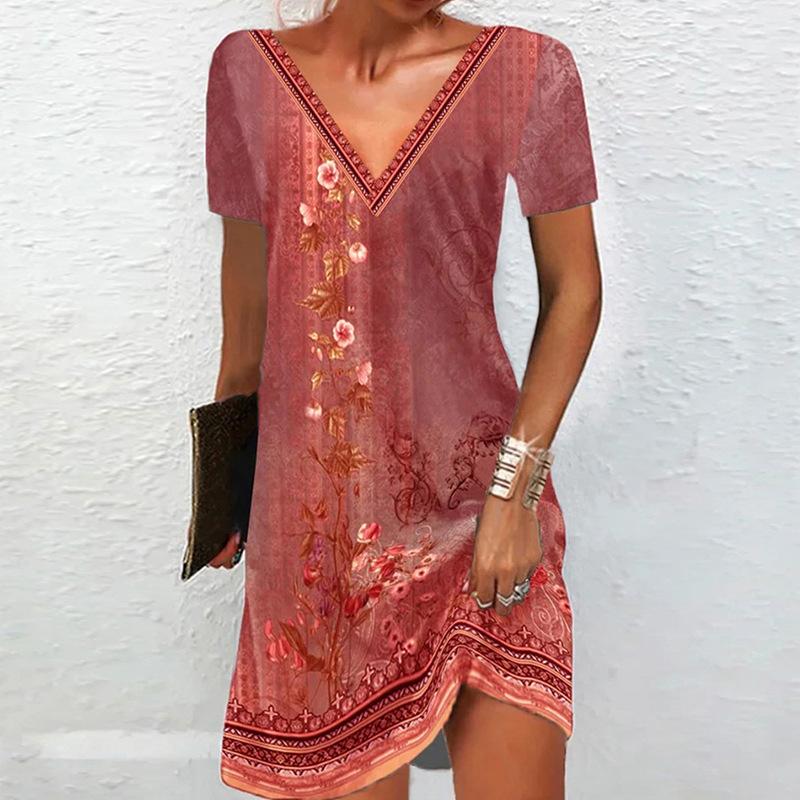 Женское летнее платье с принтом, V-образным вырезом и короткими рукавами, удобные повседневные платья