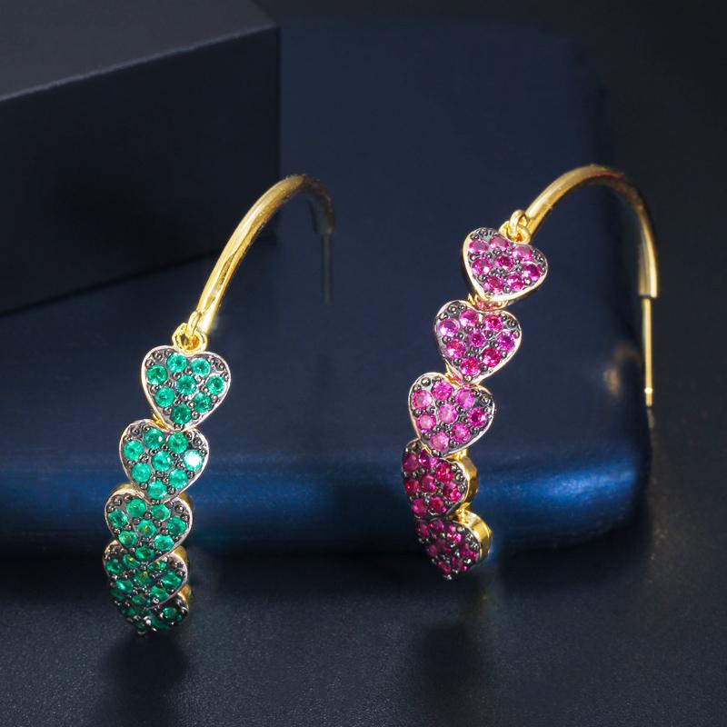 WWJ Серьги-кольца розового, красного, зеленого цвета с цирконием в форме сердца в форме сердца золотого цвета